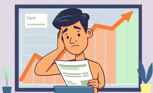 Person confused over credit statement with a credit score graph in the background