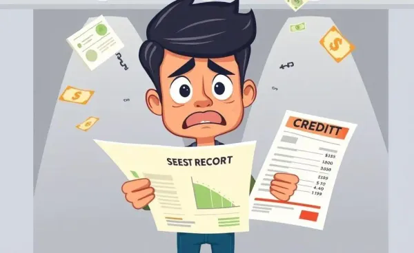 Confused person viewing a credit score document with a dip in score and floating debt symbols