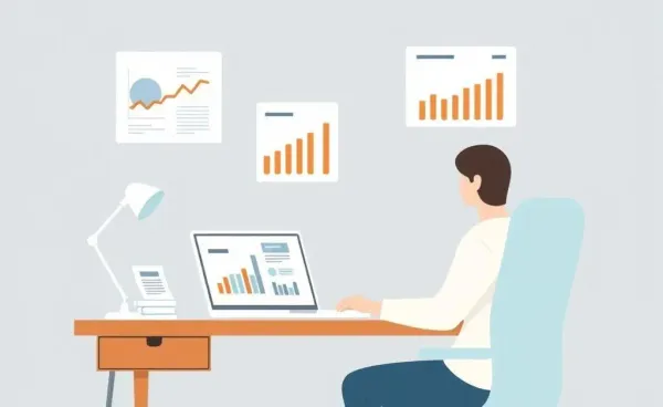 Person reviewing credit score at a desk with charts on a laptop screen
