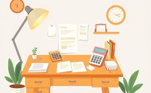 A welcoming desk setup with financial documents and a calculator.