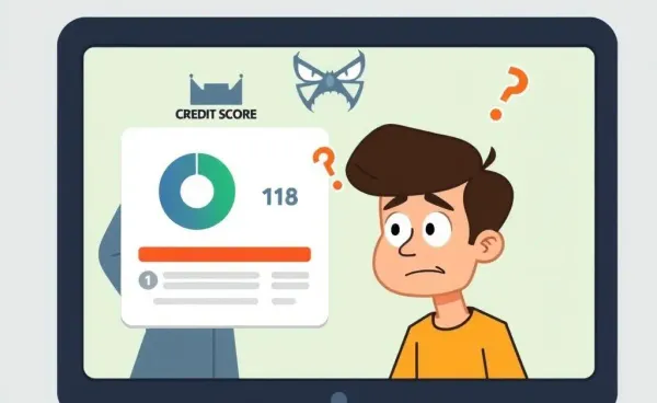 Person looking at credit score on a computer with a landlord figure behind
