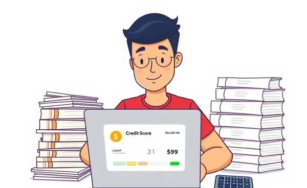 Person checking their credit score on a laptop with paperwork and a calculator nearby