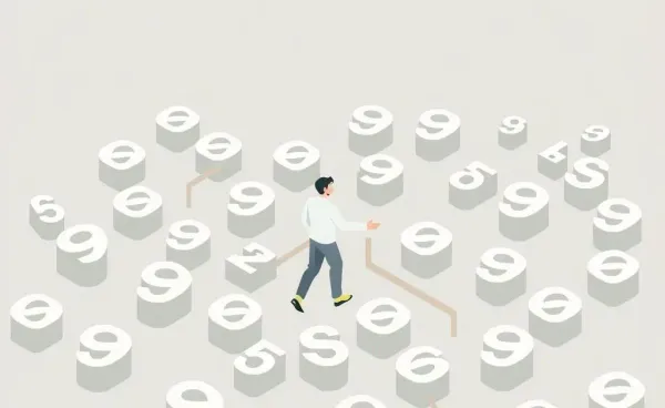 Person navigating a maze of credit score numbers