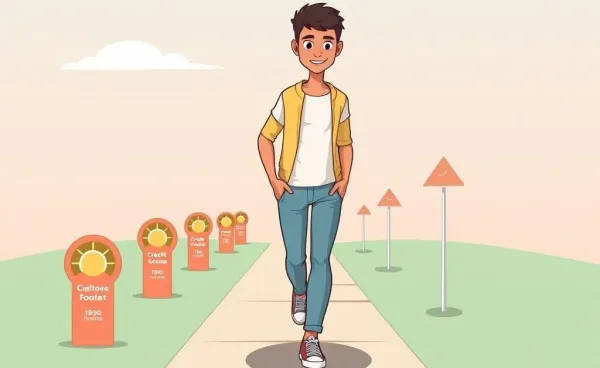Cartoon of a person navigating a path with credit score milestones