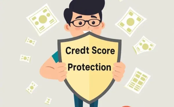 A person holding a credit score protection shield surrounded by threats.