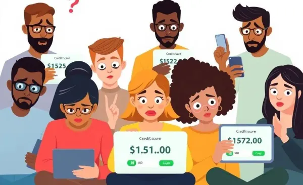 People looking puzzled at their credit scores on different devices.