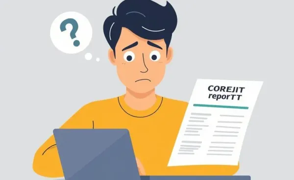 A puzzled person looking at a credit report on a laptop.