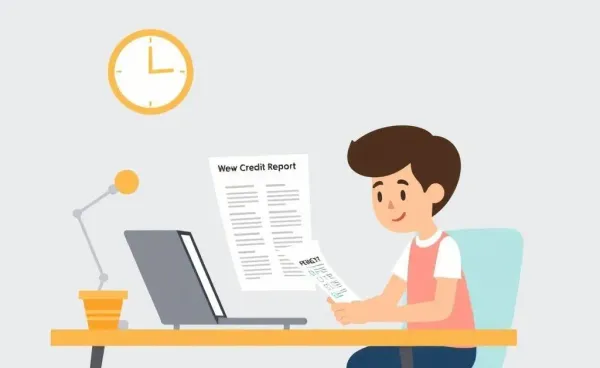 A cartoon of a person checking their credit report on a laptop at a desk