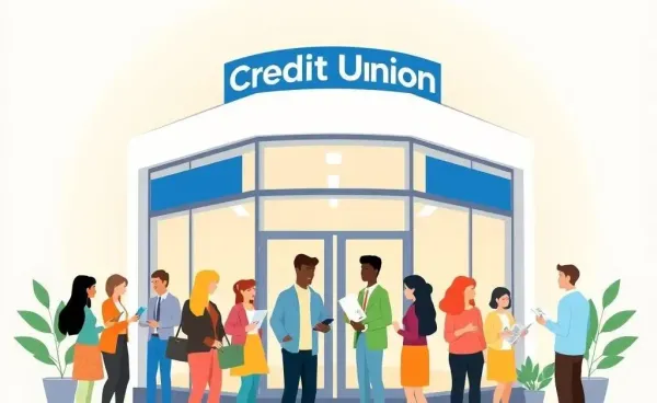 Credit union building with people exploring assistance options
