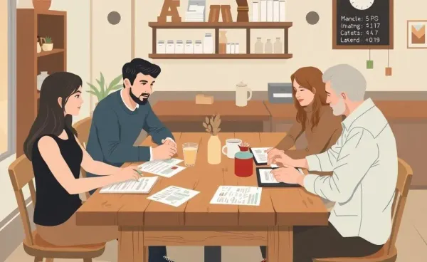 People discussing finances in a coffee shop