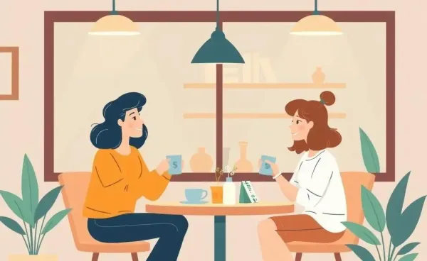 Two friends having a warm discussion about finances in a coffee shop setting.