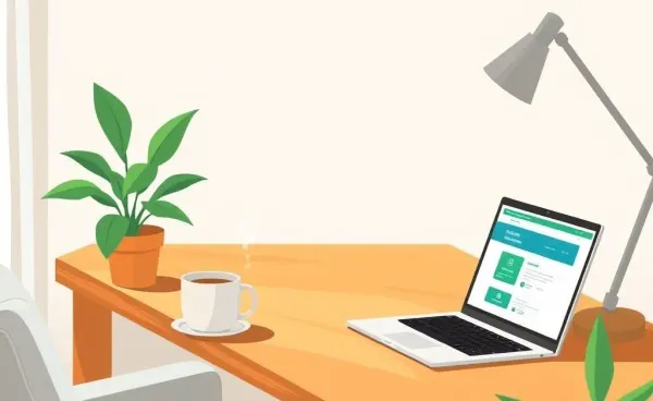 A home desk setup with a laptop showing a credit union website, a plant, and a coffee cup.