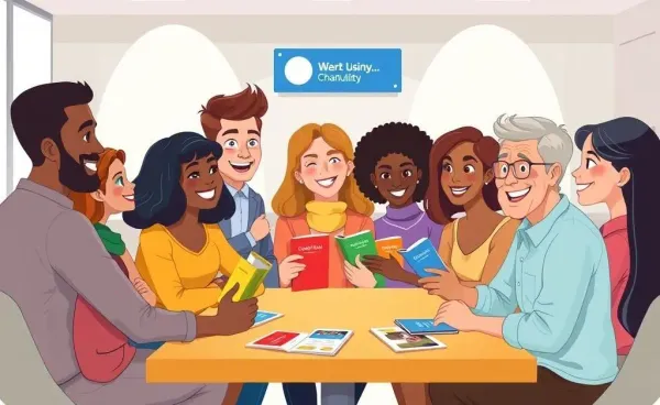A diverse group of people happily discussing credit union options.