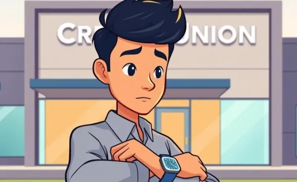 Person looking at a watch in front of a credit union building