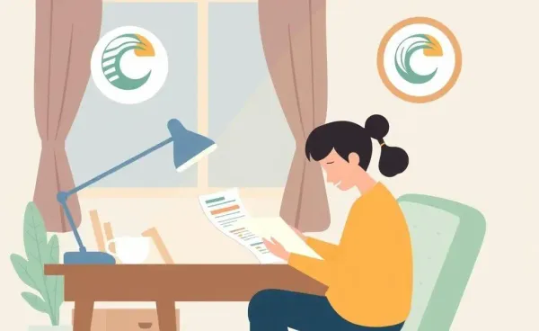 Illustration of a person looking at financial papers with a credit union logo