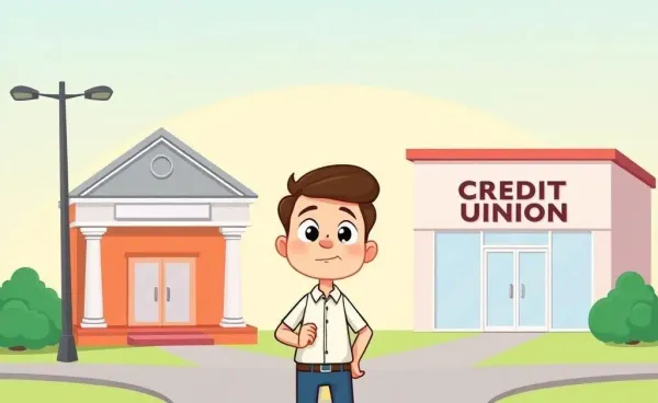 Person at crossroads between a bank and credit union.