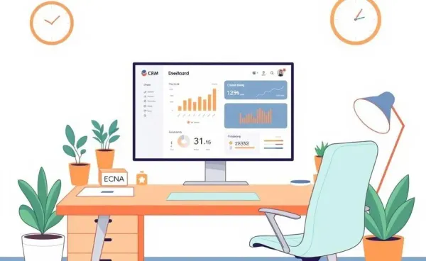 Illustration of a friendly office environment with a CRM dashboard.