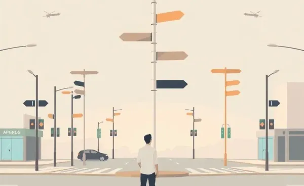 A person standing at a crossroads contemplating different paths