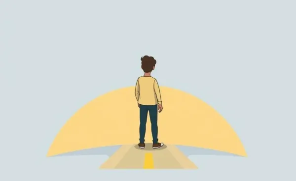 A cartoon-style image of a person standing at a crossroads pondering their decision.