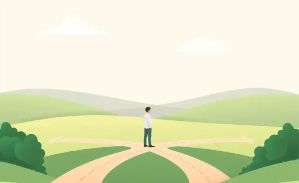 A person standing at a scenic crossroads