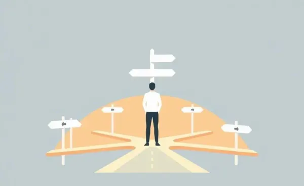A person standing at a crossroads with signposts pointing in different directions.