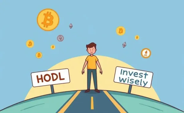 A person at a crossroads with crypto symbols.