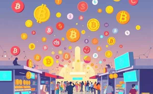 Illustration of a bustling digital cryptocurrency marketplace