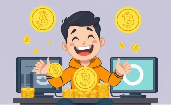 A person mining cryptocurrency with digital coins and computers
