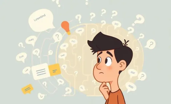 Person navigating a maze of thoughts and questions