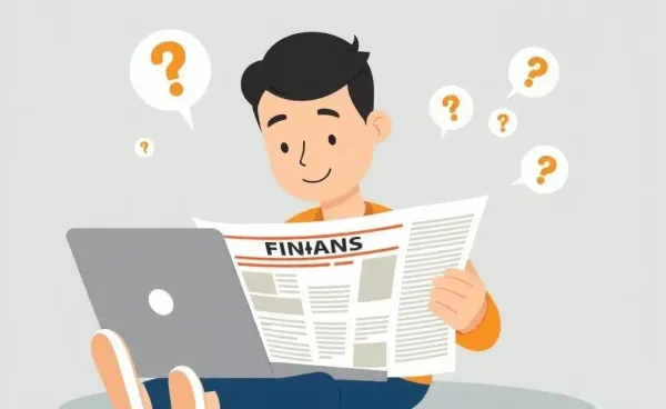 Person reading financial news on a laptop with curiosity icons