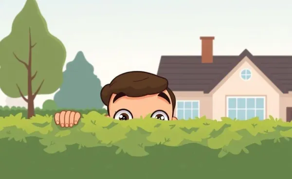 A curious neighbor peeking over a hedge towards the house next door