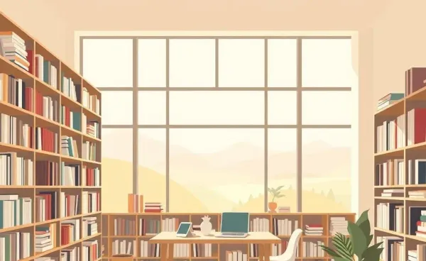A cozy study room with books and a large window.