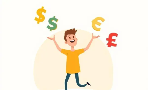 A cartoon of a person juggling currency symbols