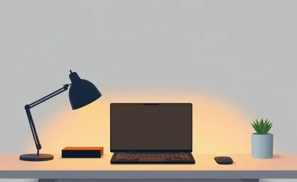 A minimalistic desk setup featuring a laptop in dark mode