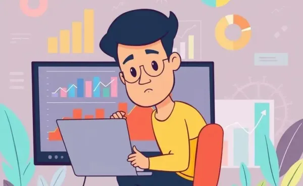 Cartoon image of a person analyzing economic data on a computer