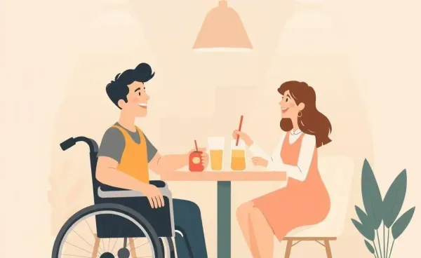 An illustration of a couple enjoying a conversation at a café, with one person in a wheelchair.