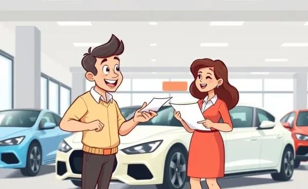 Person discussing refund paperwork with a dealership salesperson