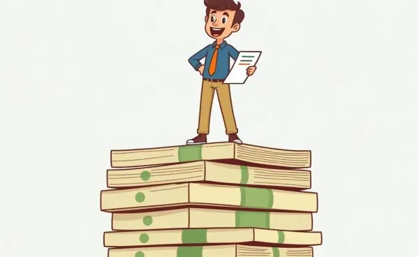 A person standing confidently atop a large stack of bills with a checklist in hand.