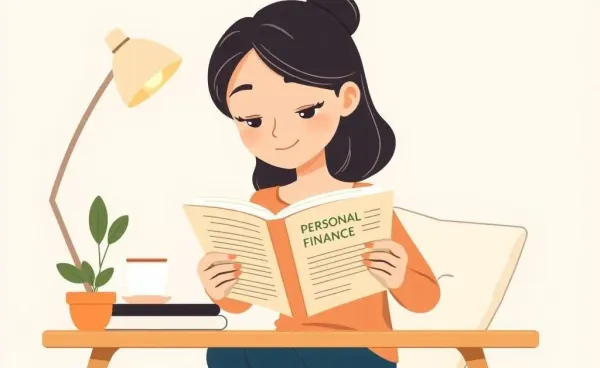 A woman reading a finance book at a cozy desk to represent a debt-free journey.