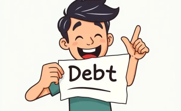 A person joyfully tearing a 'Debt' paper