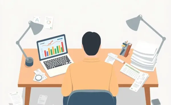 A person at a desk managing their debt using a laptop and bills.