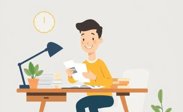 A person smiling while organizing bills at a desk.