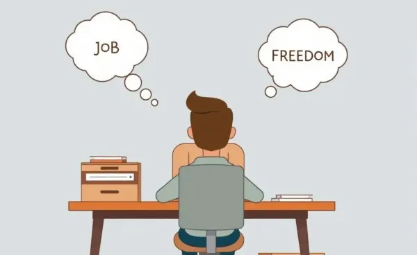 Person deciding whether to quit their job with thought bubble.