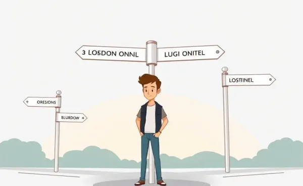 Person standing at a crossroads with London neighborhood signposts