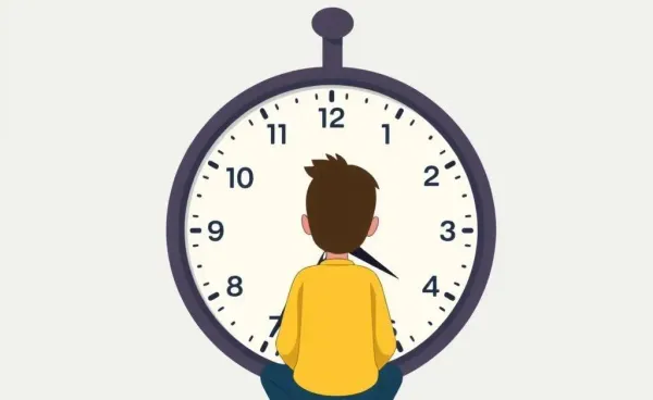A person pondering decisions on a large clock.