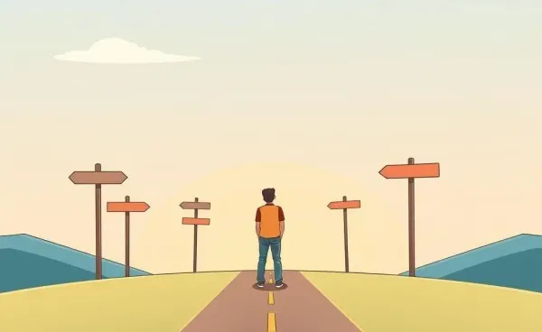 Person at crossroads with signs showing different paths.