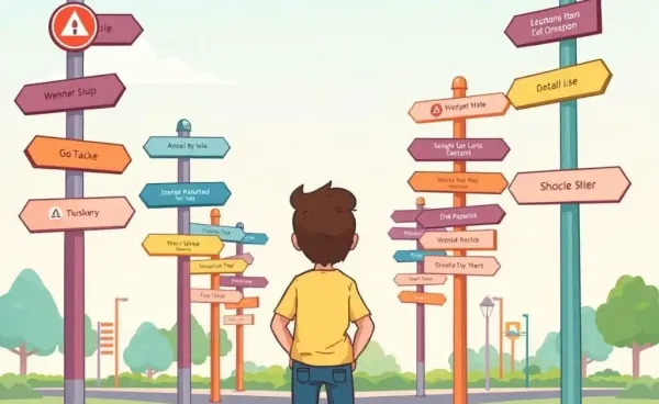 A person at a crossroads, contemplating signposts pointing in different directions