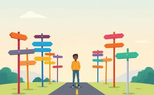 Person standing at a crossroads with various life decision signposts