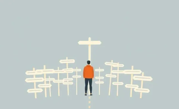 A crossroads with multiple signposts representing choices