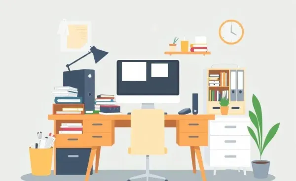 A desk transitioning from cluttered to tidy, symbolizing a decluttered mind